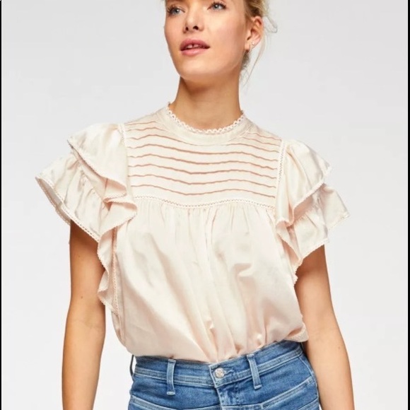 Ruffle front top with lace inserts in cream pink. 7 for all mankind (M). - Picture 1 of 5